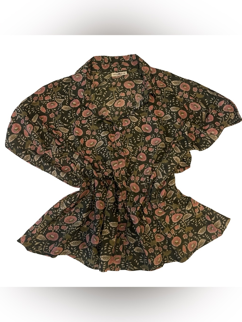NATURAL LIFE Olive Green Button-Front Floral Shirt with Pink Flowers